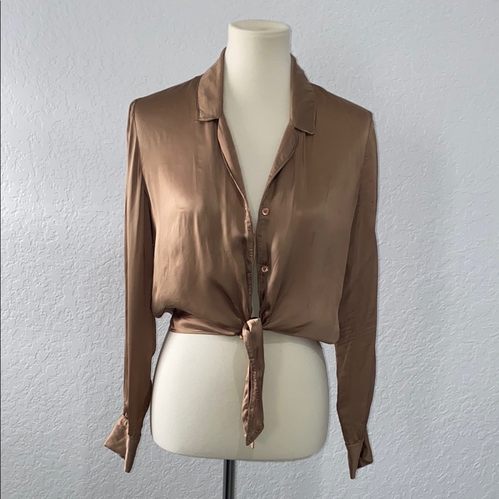 Wilfred Satin Tie-Front Button Down Shirt in Bronze